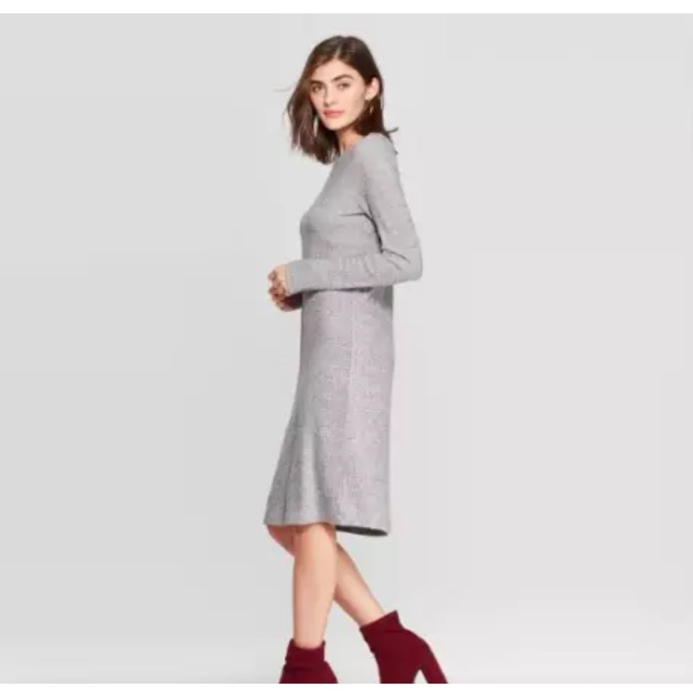 Women's Long Sleeve Crewneck Rib Knit Dress Heather Gray Size Medium NEW